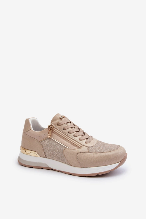 Sneakersy Damskie Z Brokatem I Suwakiem INBLU IN000365 Beżowe