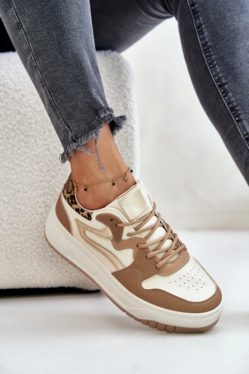 Damskie Sneakersy Z Eko Skóry Na Platformie Panterka Beżowe Henizore