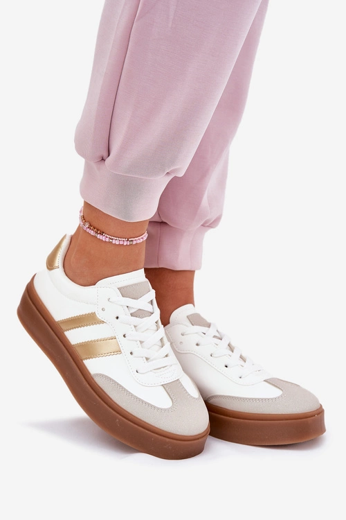 Sneakersy Damskie Na Platformie Z Eko Skóry Biało-Złote Elaraven