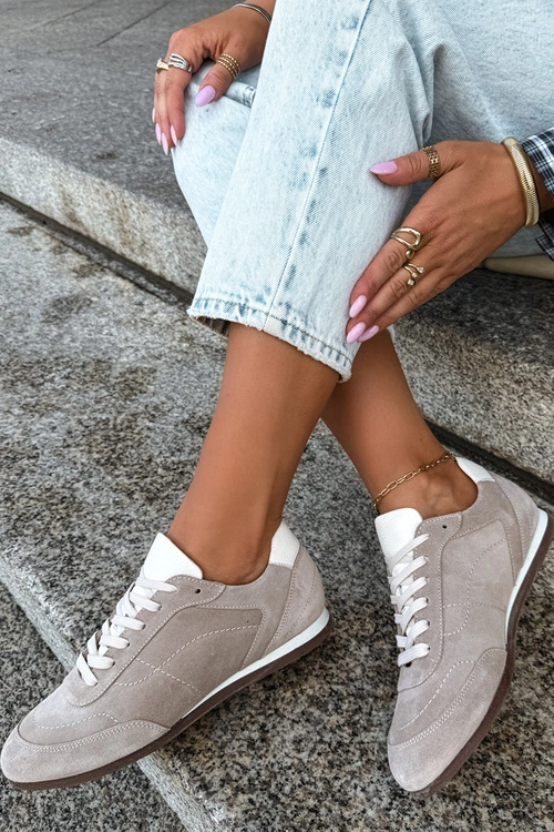 Skórzane Zamszowe Sneakersy Z Przeszyciami Zazoo N1414 Beżowe