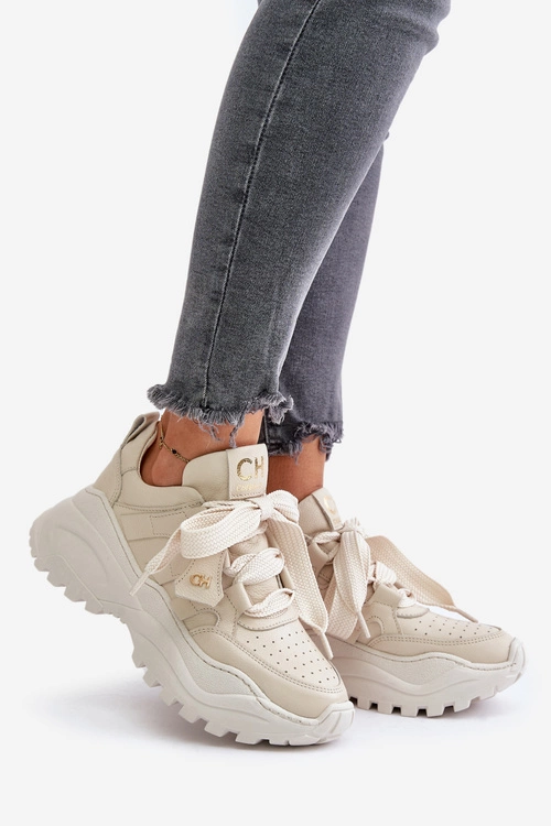 Damskie Skórzane Sneakersy Beżowe CheBello 4583