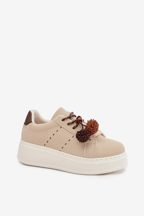 Sneakersy Damskie Na Platformie Z Ozdobnymi Pomponami Beżowe Corinna
