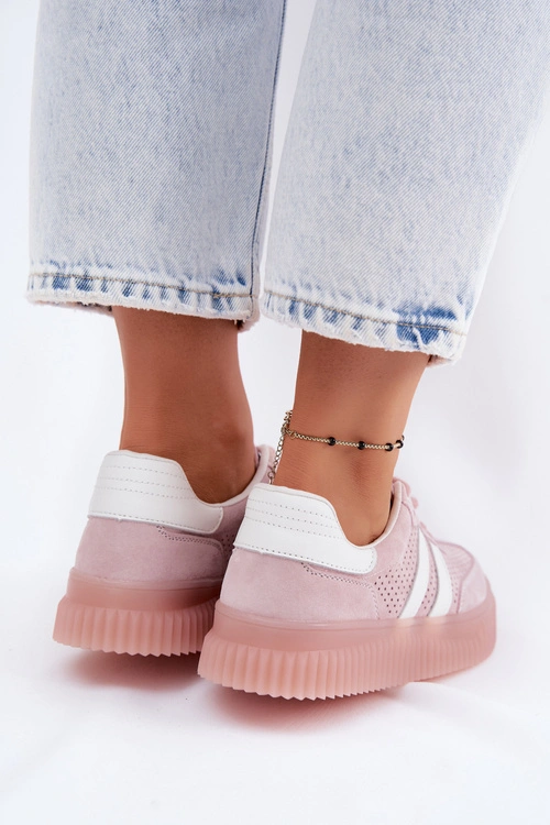 Skórzane Zamszowe Sneakersy Damskie Na Platformie Różowe Artelle
