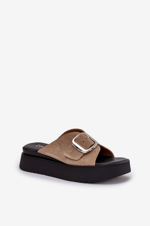 Zamszowe Klapki Damskie Z Klamrą Na Platformie Zazoo 3019 Beżowe