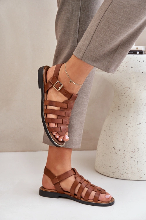 Skórzane Sandały Na Płaskim Obcasie Zazoo 3686 Camel