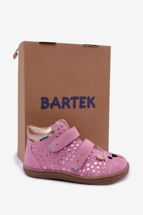 Skórzane Zamszowe Trzewki Barefoot Dziecięce W Serduszka Bartek 8631965 Różowe