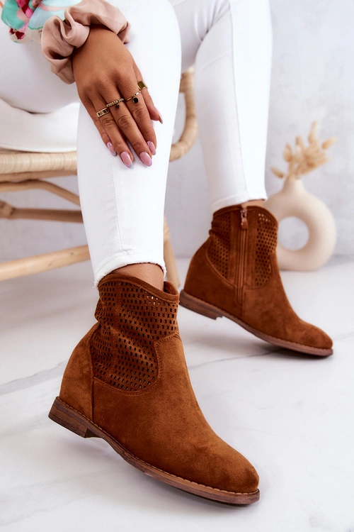 Zamszowe Damskie Botki Ukryty Koturn Camel Solene