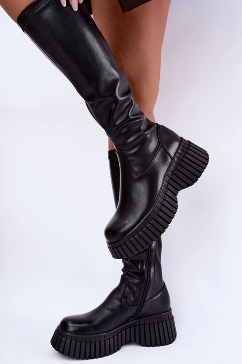 Skórzane Kozaki Na Platformie Czarne Haldora
