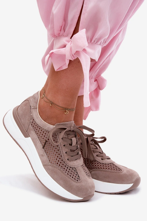 Skórzane Zamszowe Sneakersy Na Platformie Ciemnobeżowe Norisa