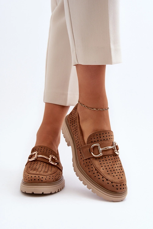 Mokasyny Damskie Ażurowe Z Ozdobą Camel Talesse