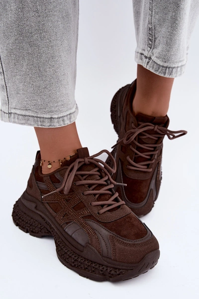 Sneakersy Damskie Ze Zdobieniem Czekoladowe Amselle
