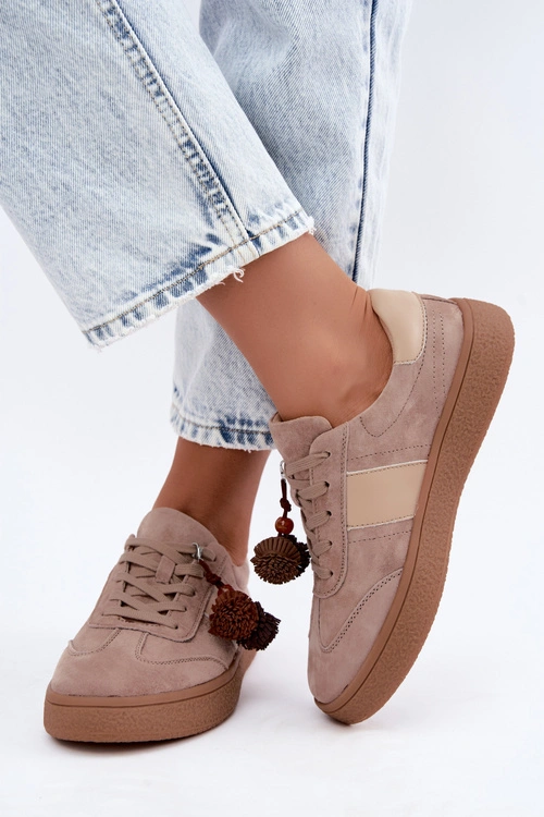 Skórzane Zamszowe Sneakersy Z Pomponami Vinceza 79682 Beżowe