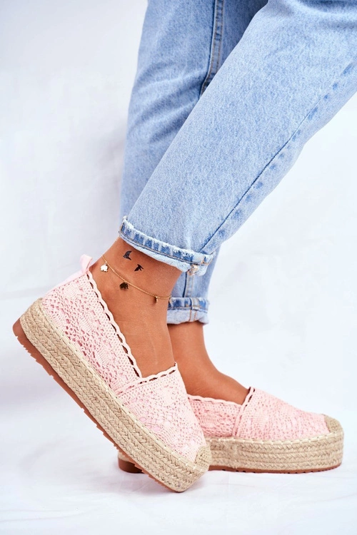 Espadryle Damskie Koronkowe Różowe Platforma Desante