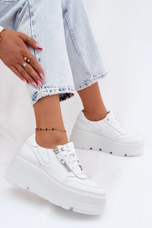 Skórzane Sneakersy Damskie Na Masywnej Platformie Zazoo N1084 Białe