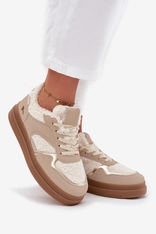 Sneakersy Damskie Na Platformie Z Futerkiem Typu Baranek Beżowe Frelina