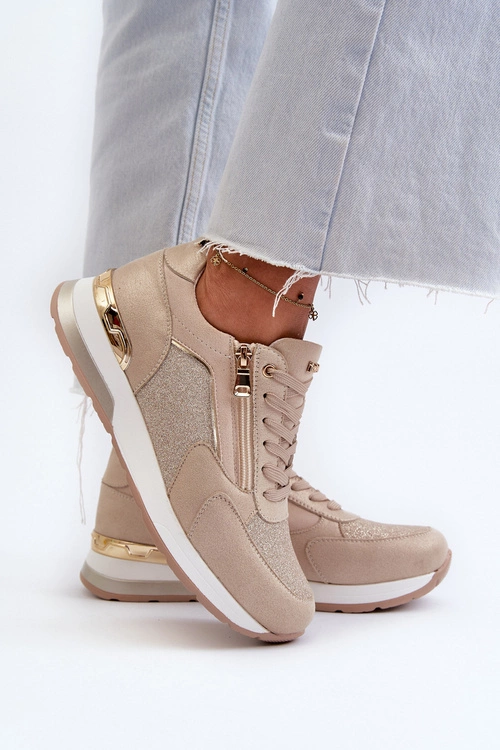Sneakersy Damskie Z Brokatem I Suwakiem INBLU IN000365 Beżowe