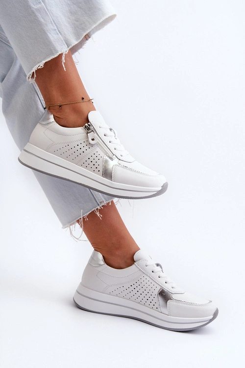 Damskie Skórzane Sneakersy Na Platformie Białe Ligustra