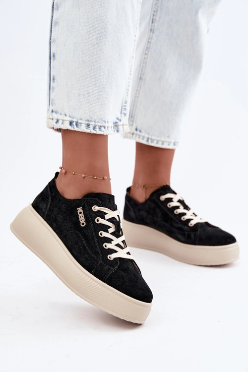 Skórzane Zamszowe Sneakersy Na Platformie Kobbo 41535 Czarne