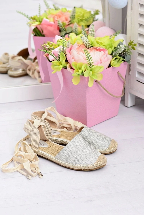 Damskie Lniane Balerinki Wiązane Srebrne Espadryle Sea
