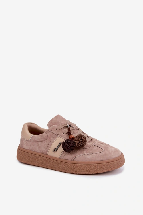 Skórzane Zamszowe Sneakersy Z Pomponami Vinceza 79682 Beżowe