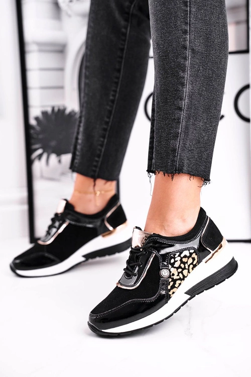 Sportowe Damskie Buty Sneakersy Skórzane Czarne 21-7778