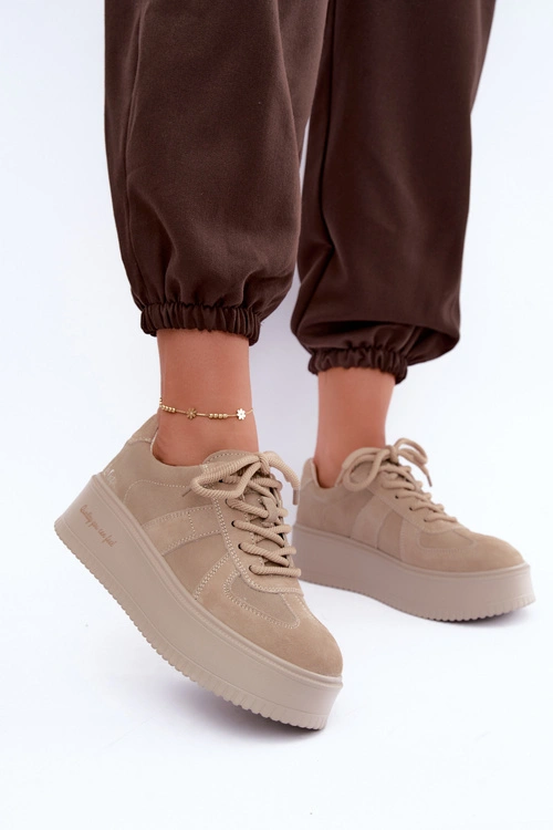 Skórzane Zamszowe Sneakersy Damskie Na Platformie Lee Cooper LCJ-26-01-4643 Beżowe
