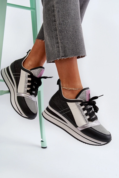 Damskie Sneakersy Na Koturnie I Platformie Z Brokatem Czarne Rafani