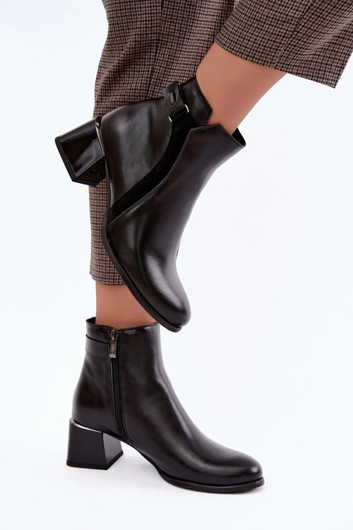 Skórzane Botki Damskie Na Obcasie Ocieplane Zazoo 60563 Czarne