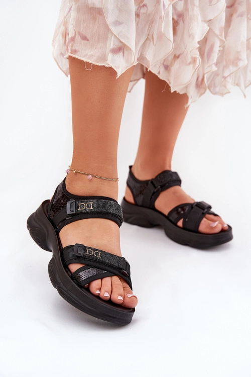 Damskie Sandały Z Cekinami Na Rzepy Czarne Gonev