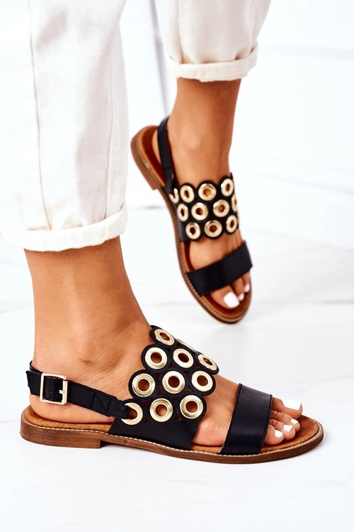 Skórzane Ażurowe Sandały Lewski Shoes 3042 Czarne