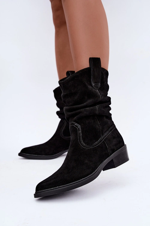 Botki Kowbojki Marszczone Z Naturalnego Zamszu Ocieplane Sergio Leone BT-16 Czarne