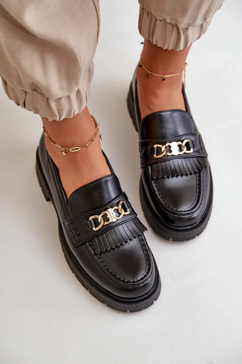 Eko Skórzane Mokasyny Damskie Ze Złotą Ozdobą Czarne Zanita