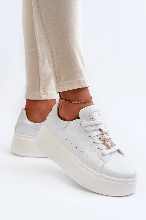 Damskie Skórzane Sneakersy Na Platformie Z Misiem Białe Vinceza 66641