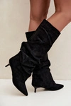 Marszczone Kozaki Kitten Heel Wsuwane Zamszowe Czarne Lowen