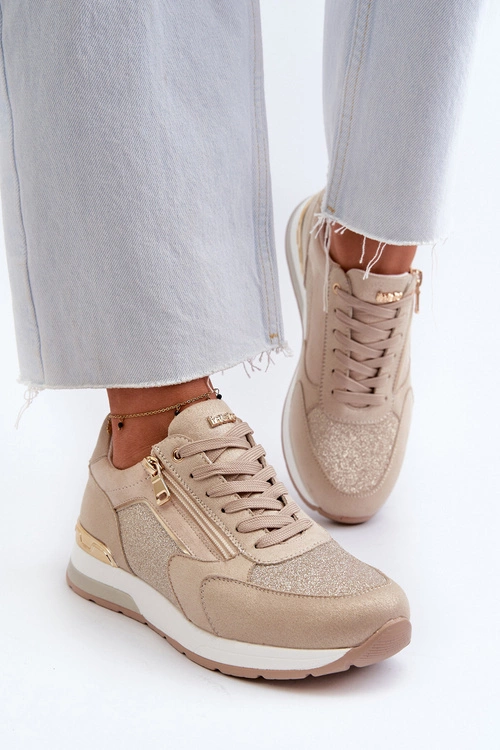 Sneakersy Damskie Z Brokatem I Suwakiem INBLU IN000365 Beżowe