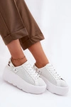 Skórzane Ażurowe Sneakersy Damskie Na Platformie Z Paskiem Na Pięcie D&A LR61-7088 Białe