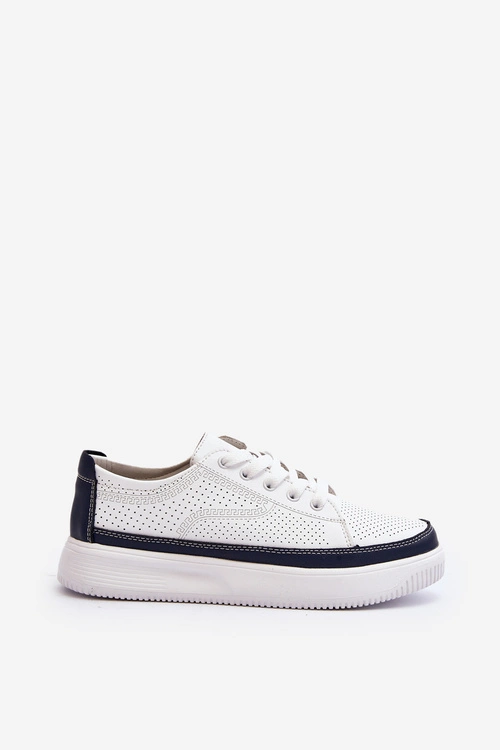 Damskie Skórzane Buty Sportowe Sneakersy Biało-Granatowe Failla