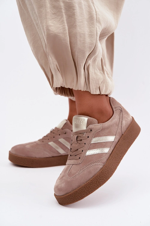Skórzane Sneakersy Damskie Na Platformie D&A LR62-7107 Beżowe