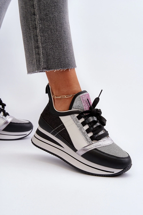 Damskie Sneakersy Na Koturnie I Platformie Z Brokatem Czarne Rafani