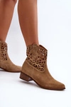 Zazoo 3404 Ażurowe Botki Kowbojki Na Niskim Obcasie Zamszowe Jasnobeżowe