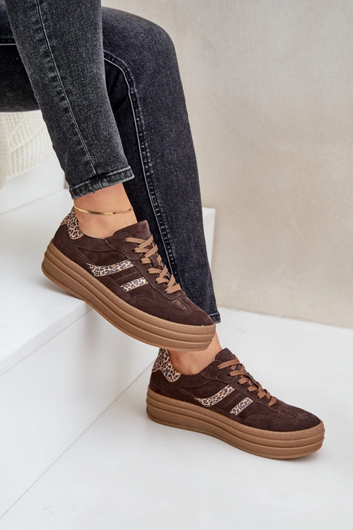 Zazoo N1176 Zamszowe Sneakersy Na Platformie Panterka Czekoladowe
