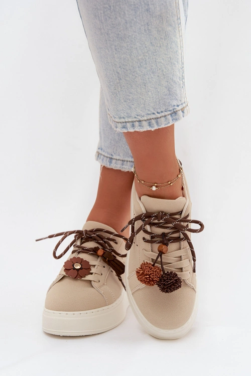 Sneakersy Damskie Na Platformie Z Ozdobnymi Pomponami Beżowe Corinna