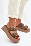 Klapki Damskie Na Platformie Ze Złotymi Klamrami Oliwkowe Nelirae
