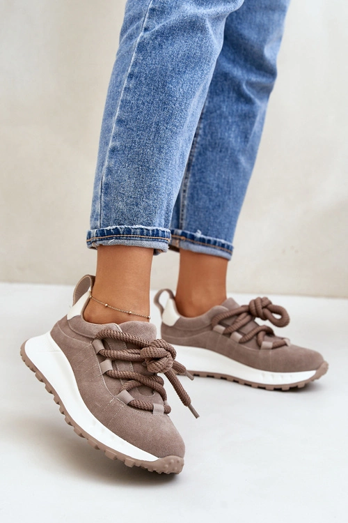 Zamszowe Sneakersy Damskie Z Grubym Sznurowaniem Artiker 54C1409 Beżowe