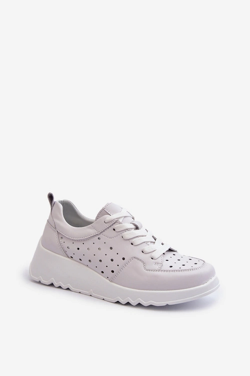 Ażurowe Damskie Sneakersy Na Koturnie Skóra Naturalna Jasnoszare S.Barski LR482