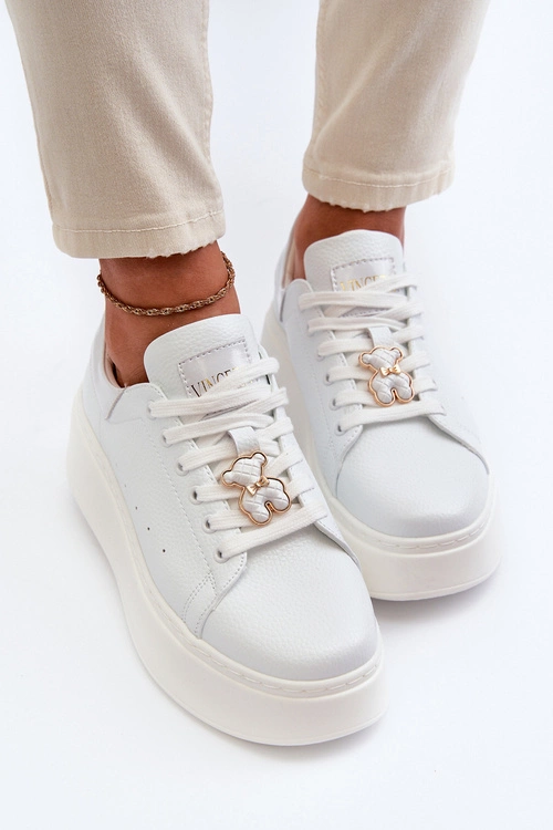 Damskie Skórzane Sneakersy Na Platformie Z Misiem Białe Vinceza 66641
