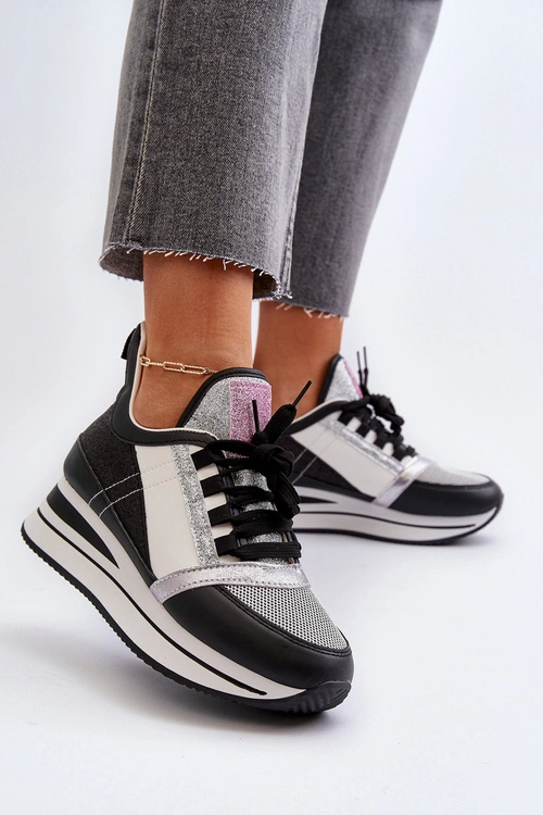 Damskie Sneakersy Na Koturnie I Platformie Z Brokatem Czarne Rafani