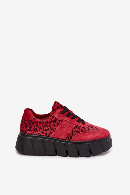 Zamszowe Ocieplane Sneakersy Damskie Na Masywnej Platformie Vinceza 66841 Panterka Czerwone