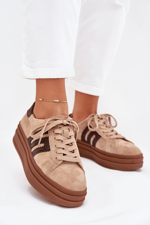Sneakersy Damskie Na Platformie Z Naturalnego Zamszu Beżowe Eldira