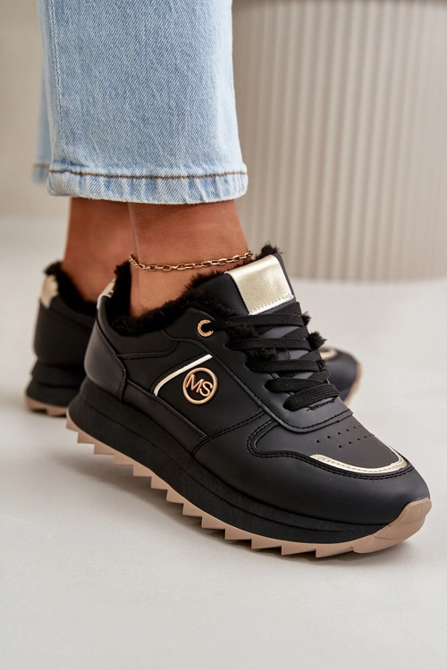 Buty Sportowe Damskie Ocieplane Futerkiem Na Platformie Czarne Lerisas